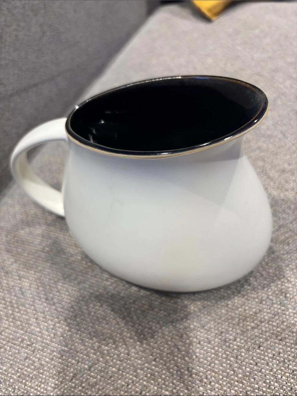 Denby England White Ceramic creamer with Black Interior and Gold Trim